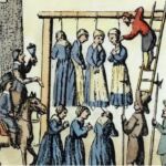The public hanging of witches in Scotland. Coloured engraving 1678. Illustration The Granger CollectionAlamy
