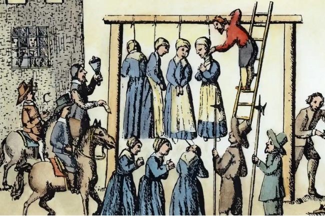 The public hanging of witches in Scotland. Coloured engraving 1678. Illustration The Granger CollectionAlamy
