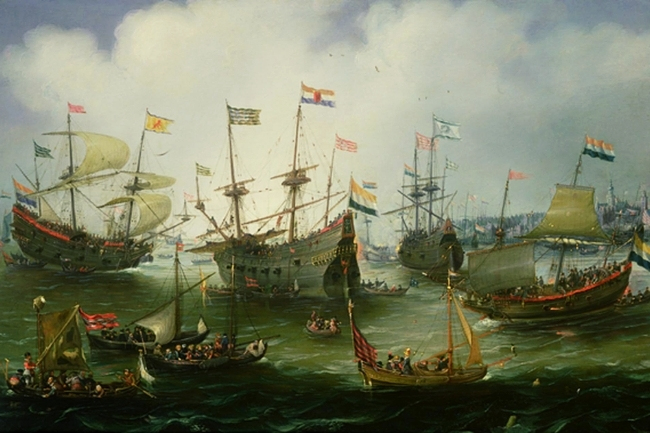 The Return to Amsterdam of the Second Expedition to the East Indies on 19th July 1599 Andries van Eertvelt 1590 1652 Imagem Wikimedia