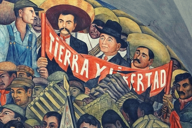Detalle del mural de artista Diego Rivera con el famoso eslogan de Emiliano Zapata Tierra y Libertad Imagem Wikipedia