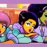 Tres garotas estudando. Anime retro IA ITCanva Pensamento criativo