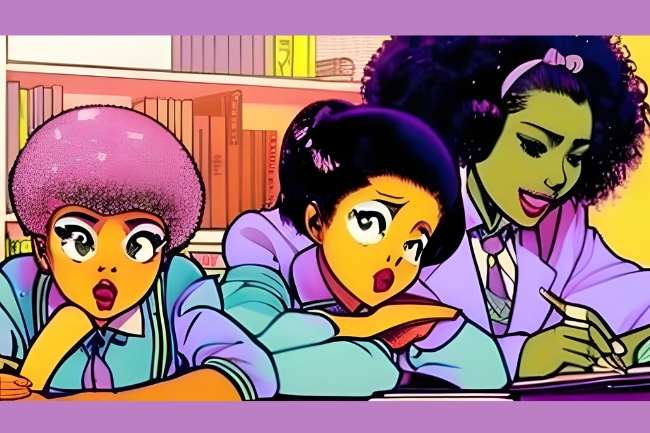 Tres garotas estudando. Anime retro IA ITCanva SAEB